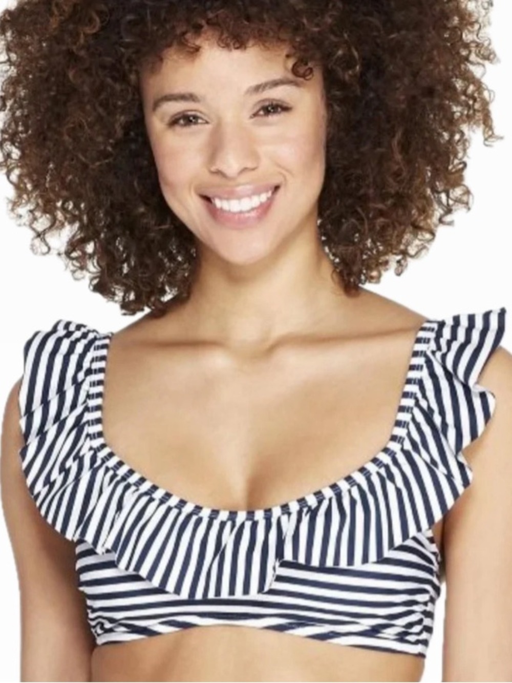 VINEYARD VINES WOMEN XS BLUE/WHITE STRIPED RUFFLE BIKINI SWIM TOP